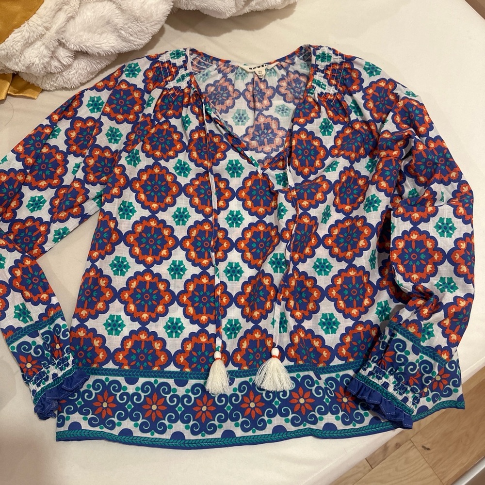 Boden Blue and white boho tassel blouse